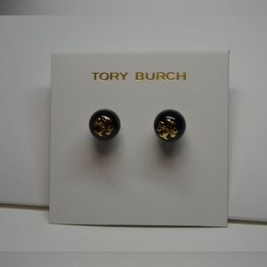 Tory Burch ‘Crystal Pearl Logo Stud Black Stud Earrings’ 16K Gold